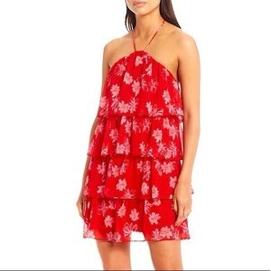 Wayf Red Floral Tiered Dress